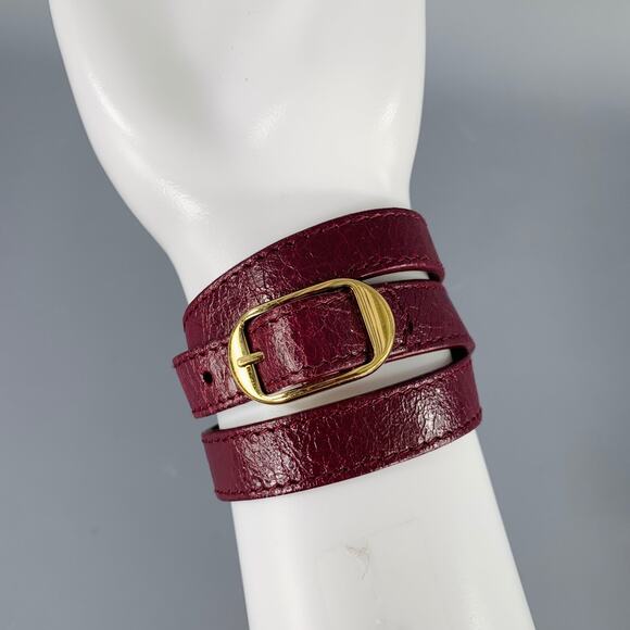 BALENCIAGA Burgundy Gold Studded Leather Bracelet - Picture 4 of 7